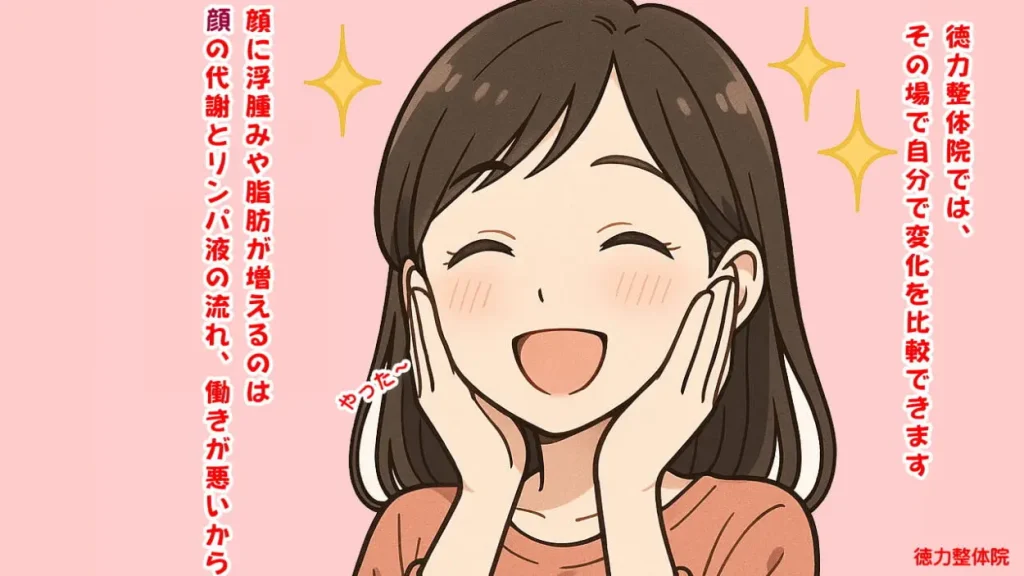 顔が小さくなり笑顔の女性 北九州市小倉南区 徳力整体院