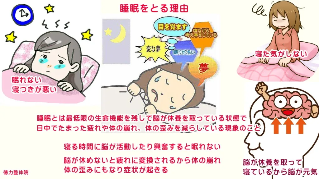 脳から休む睡眠で寝ることで脳が元気になり体の疲れが取れる睡眠　北九州市小倉南区　徳力整体院