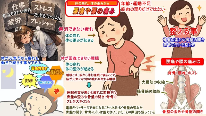 腰が痛くなるのは大腰筋、腸骨筋の収縮と骨盤の歪みや骨盤の開き、背骨のズレから