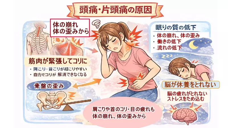 頭が痛くなる原因は睡眠と体の崩れ、体の歪みから