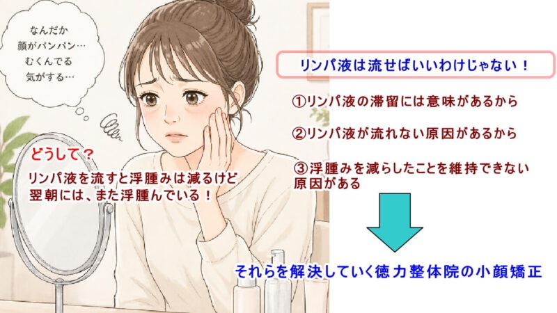 リンパ液の滞留、顔の浮腫みを小顔矯正で（北九州市小倉南区と小倉北区）徳力整体院は36年の実績。