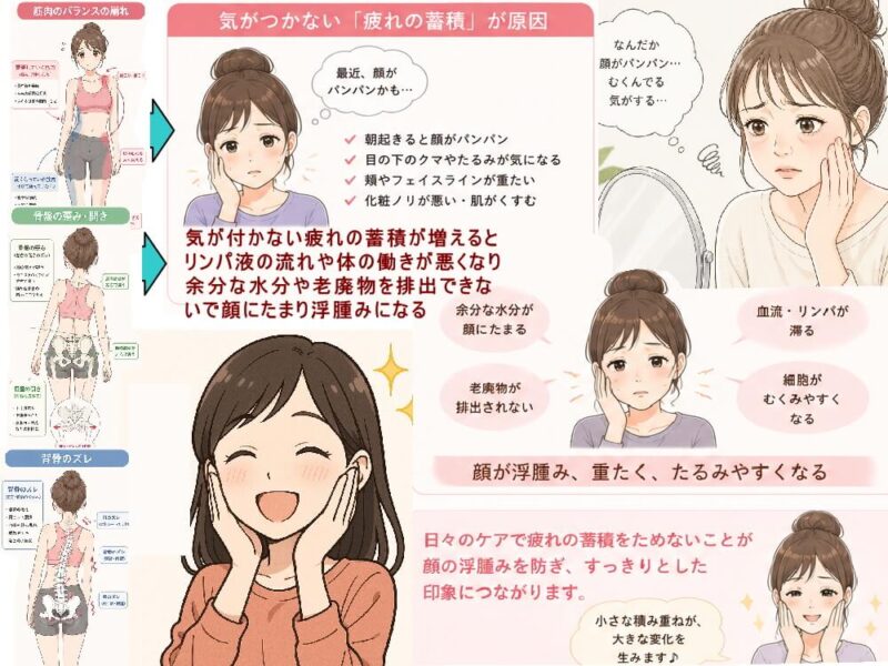 顔に浮腫みや脂肪が増えている時にはリンパ・代謝の低下が起きているのは体の歪み、崩れから。北九州市・小倉の徳力整体院。