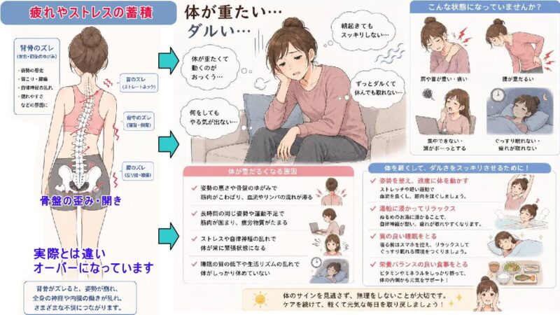 疲れや疲労・ストレスの蓄積が働きの低下、流れの低下を起こし体の歪み、崩れになり肩こり、腰痛、頭痛、生理痛、便秘、膝の痛み、首のコリになる。さらに顔の浮腫み、骨盤が太る、猫背にもなる、北九州市・小倉の徳力整体院