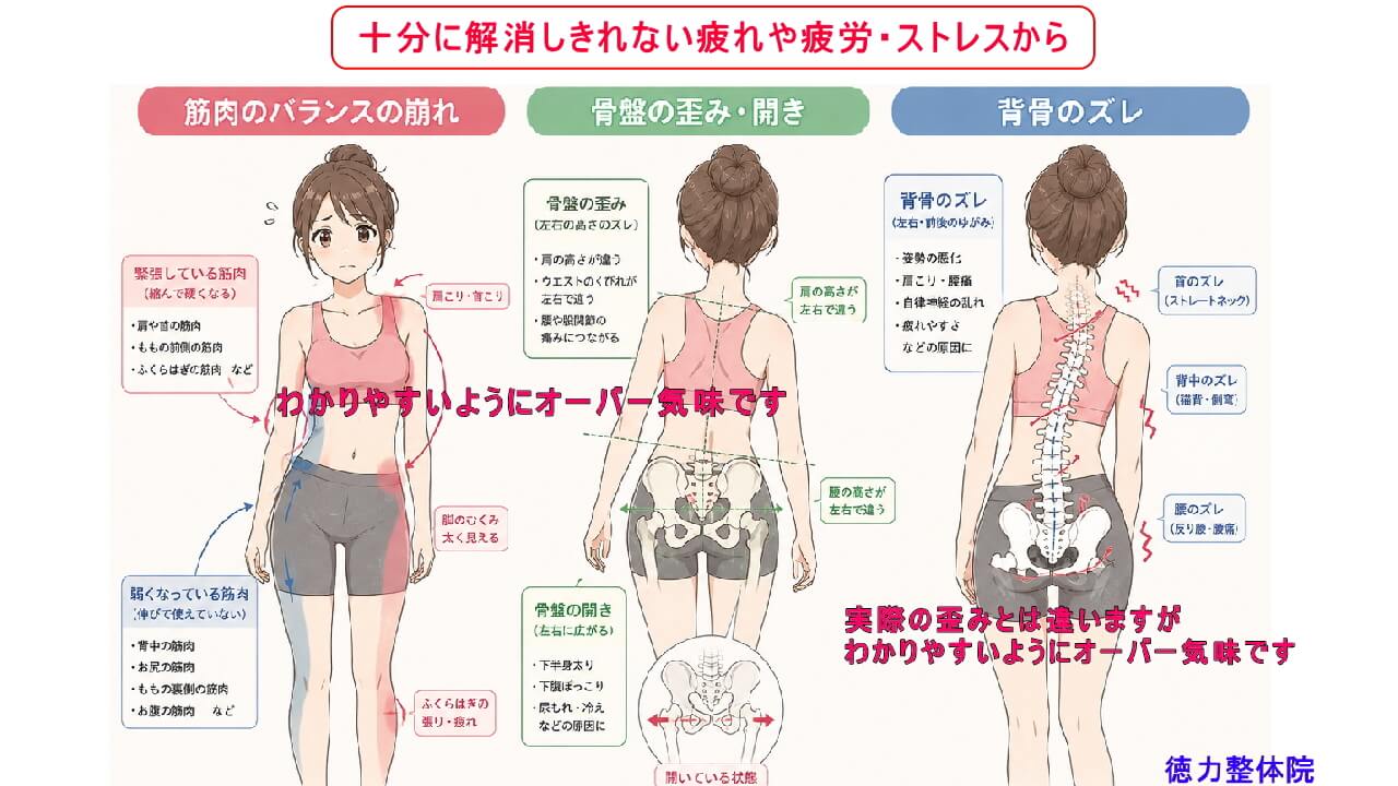 生活、仕事、運動するときに生み出される疲れが十分に解消しないと北九州市・小倉の徳力整体院