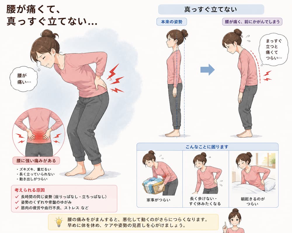 【写真やイラストは拡大して確認してください】腰痛や腰が痛いを楽にするなら原因の体の歪み、崩れから。北九州市・小倉の徳力整体院。