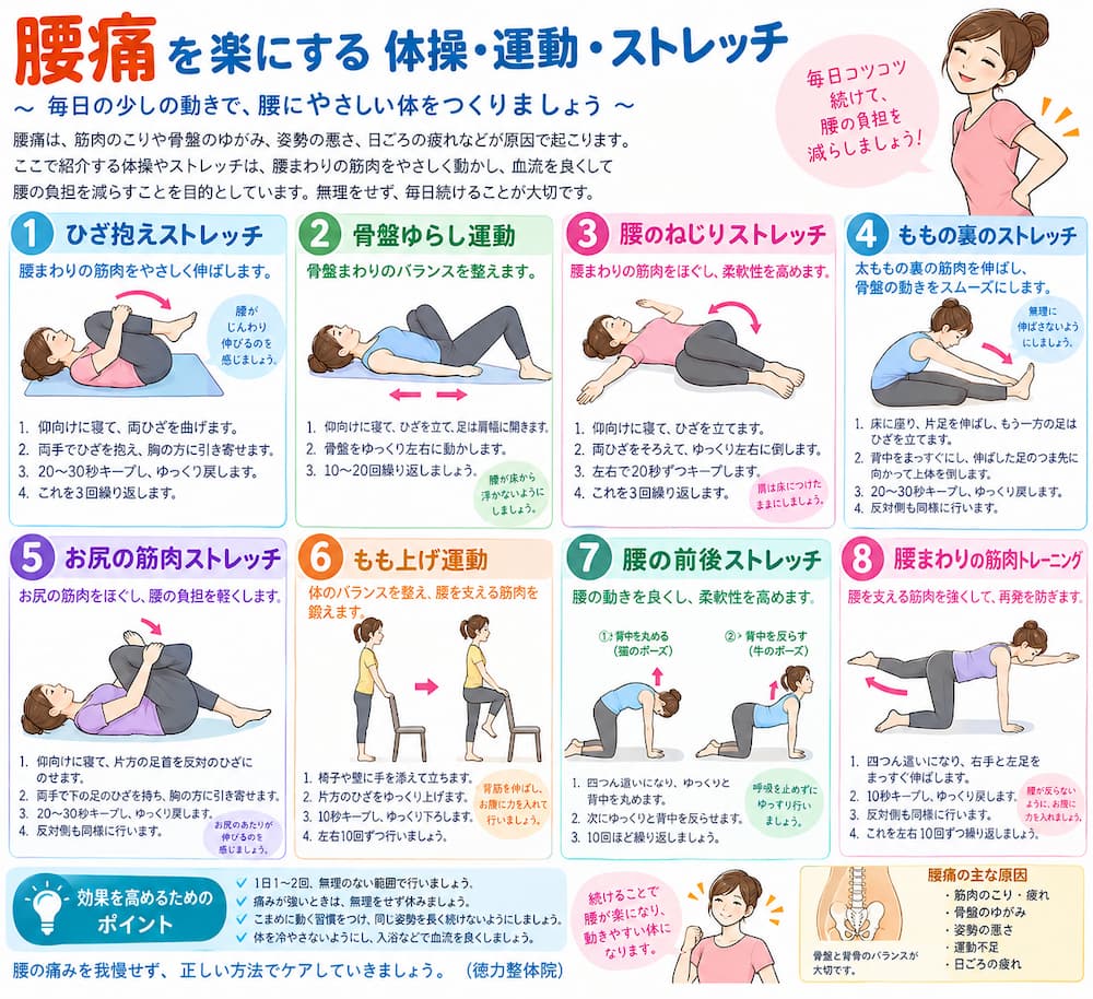 腰痛や腰の痛みを運動や対ソ嫌ストレッチで軽くすることができるのは自力で運動などで整える力がある方(北九州市・小倉南区の徳力整体院)
