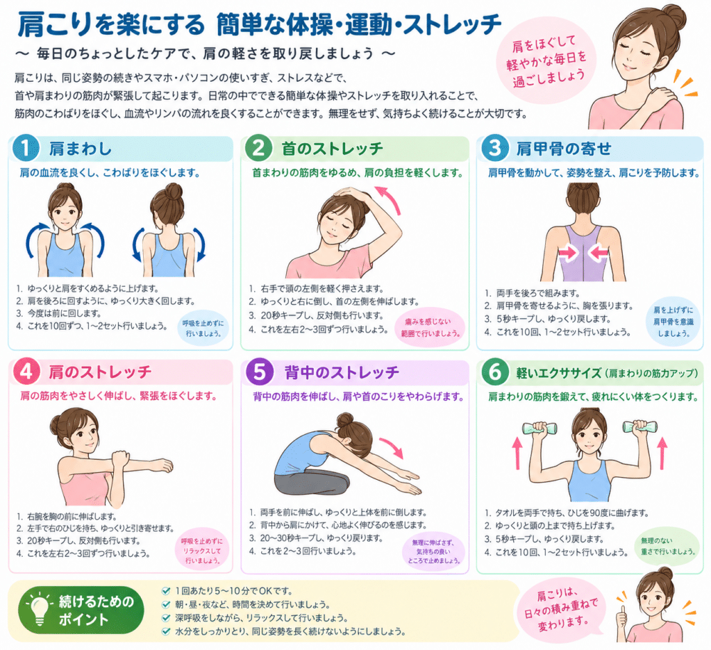 肩こりの運動・体操・ストレッチの方法の例(無理なく実施する事・継続することも)北九州市・小倉南区の徳力整体院。